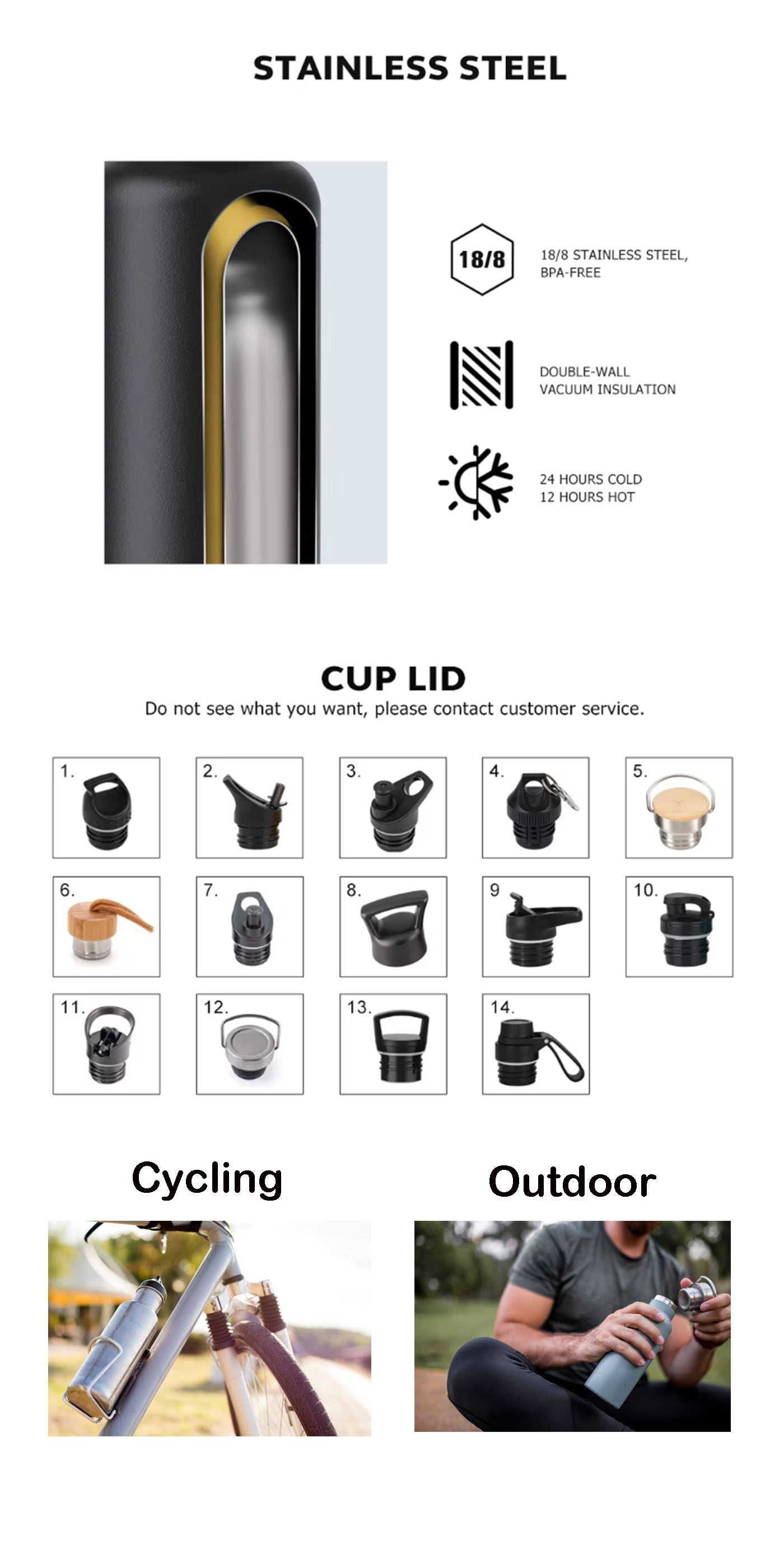 Stainless Steel Thermos Vacuum Water Bottle with Wide Mouth