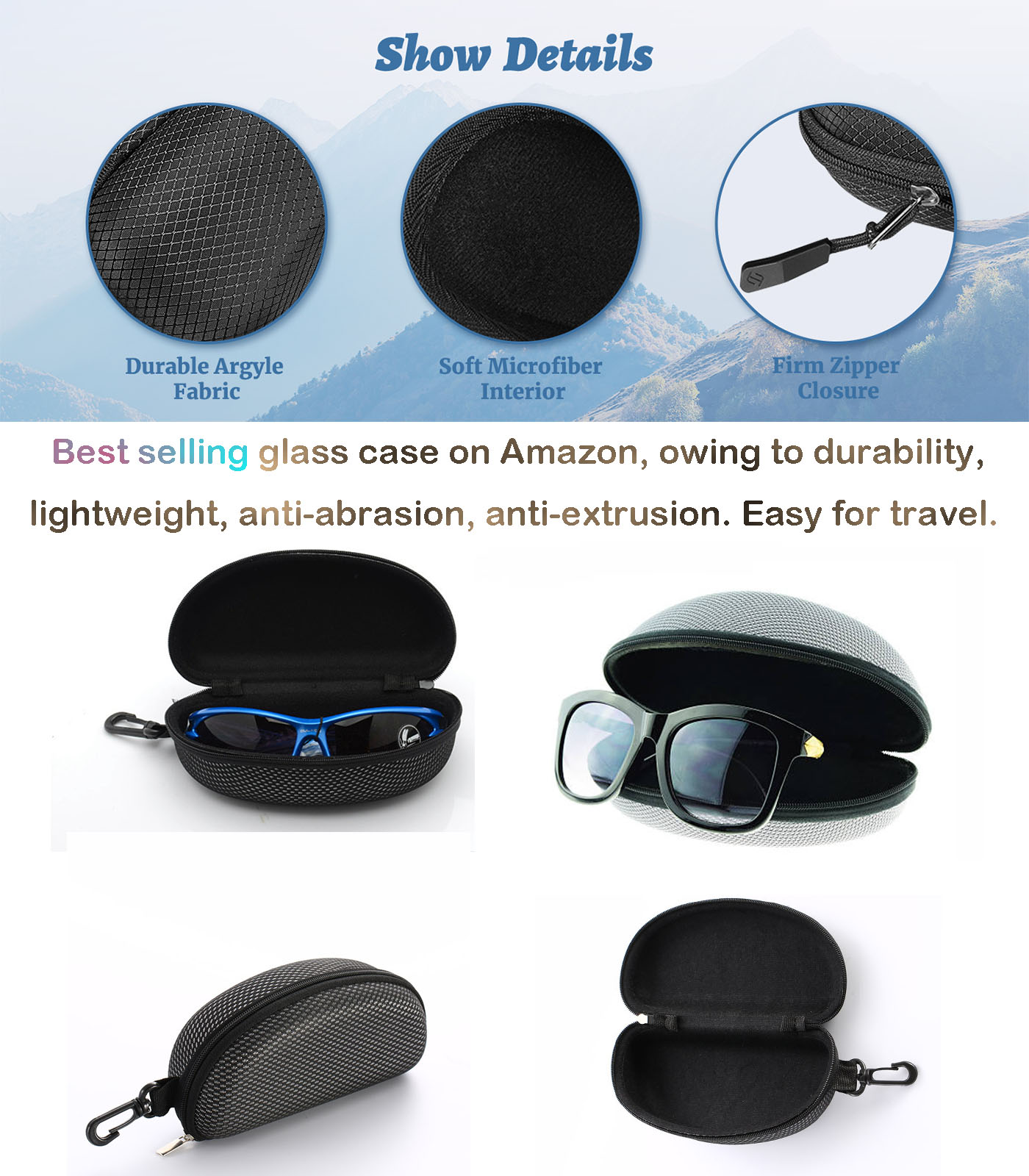 Hard EVA Shell Sunglasses Case Shockproof Sport Glasses Case with Metal Carabiner Travel Zipper