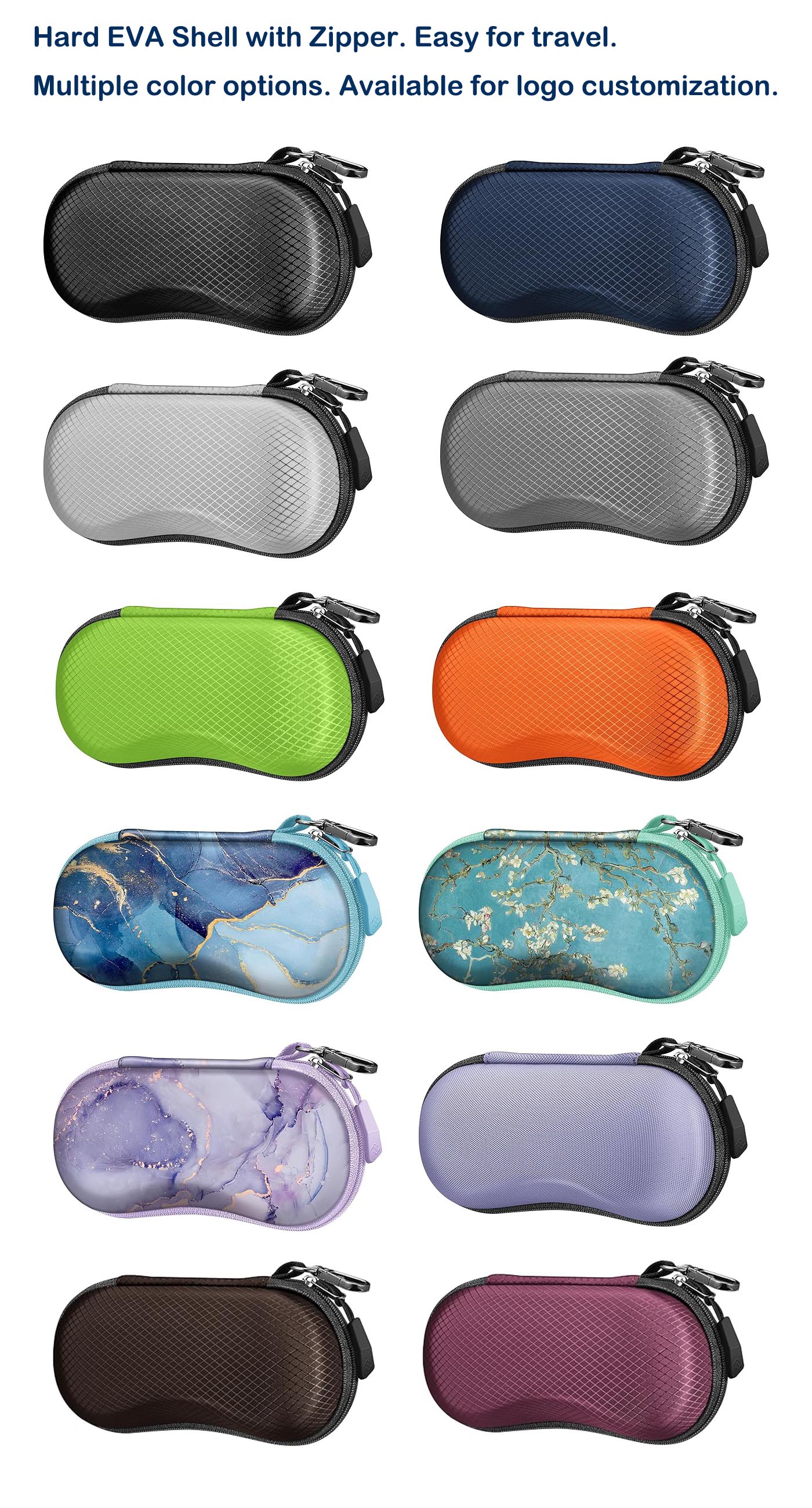 Hard EVA Shell Sunglasses Case Shockproof Sport Glasses Case with Metal Carabiner Travel Zipper