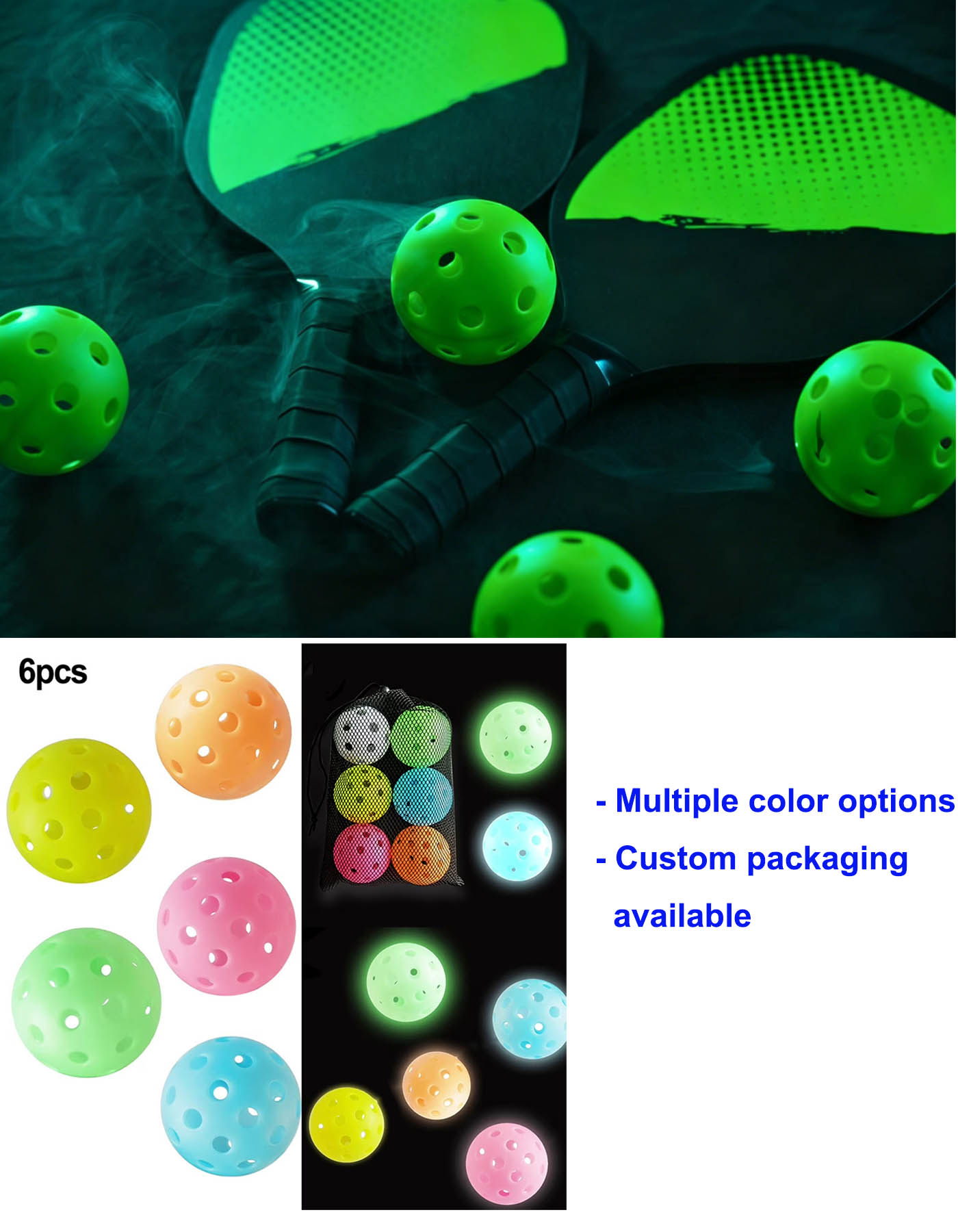 Luminous Pickleball Indoor and Outdoor night play Glow in the Dark Pickleball