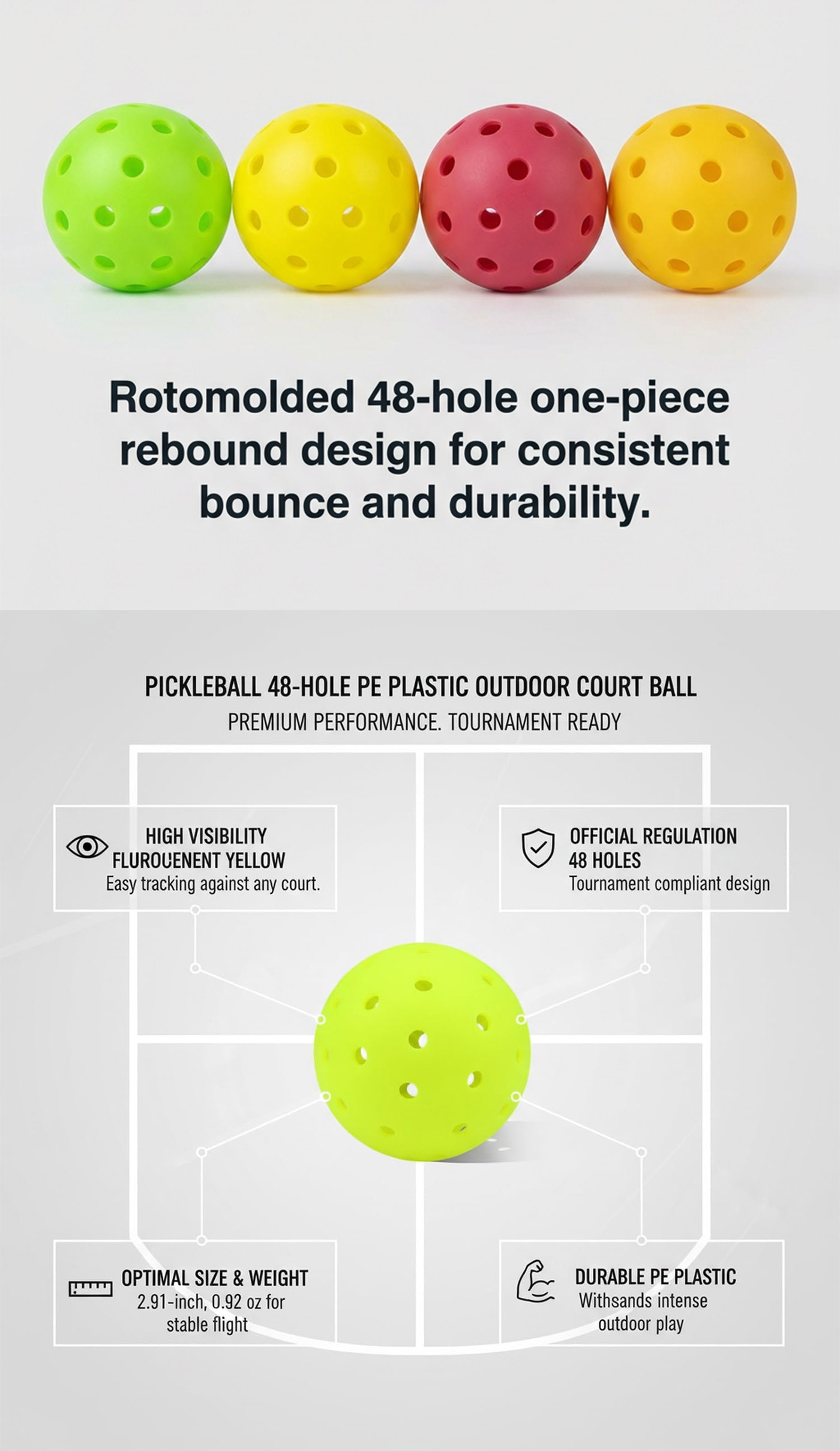 48-Hole Pickleball made with premium PE for better training performance